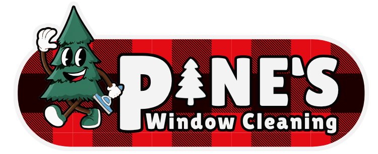 Oval logo with a pine tree character holding a window cleaners squeegee. Text say Pine's Window Cleaning with a buffalo plaid flannel background.