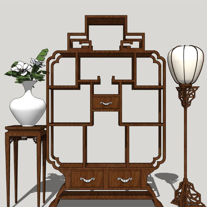 Chinese Antique Display Shelf Set โ Wooden Decorative Cabinet 3D Model