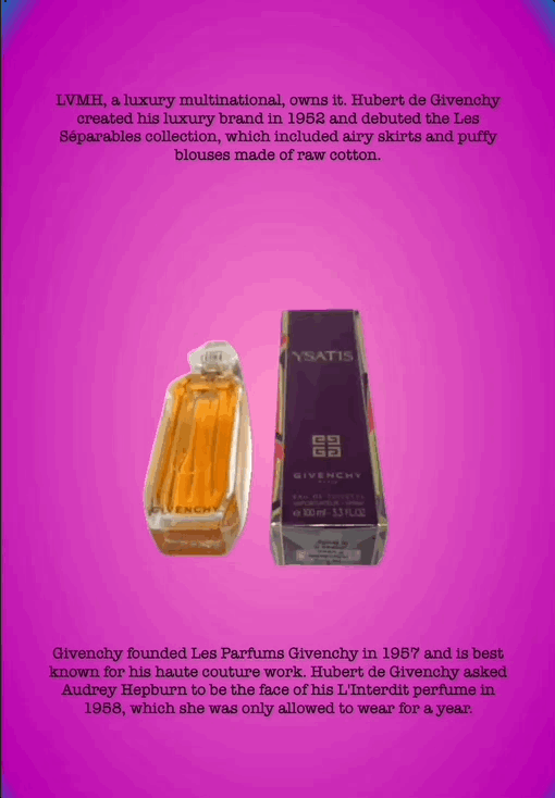 LVMH, a luxury multinational, owns it. Hubert de Givenchy created his luxury brand in 1952 and debuted the Les Séparables collection, which included airy skirts and puffy blouses made of raw cotton.
Givenchy founded Les Parfums Givenchy in 1957 and is best known for his haute couture work. Hubert de Givenchy asked Audrey Hepburn to be the face of his L'Interdit perfume in 1958, which she was only allowed to wear for a year.