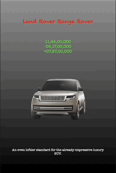 Land Rover Range Rover
An even loftier standard for the already-impressive luxury
SUV.
11,44,00,000
-04,17,00,000
=07,27,00,000 An even loftier standard for the already-impressive luxury
SUV.