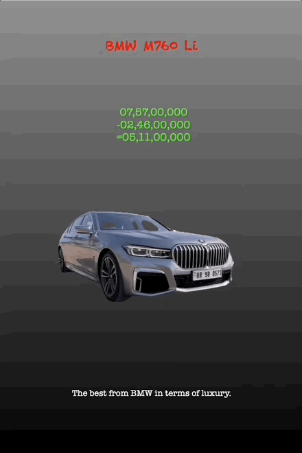 BMW M760 Li
07,57,00,000 -02,46,00,000 =05,11,00,000
The best from BMW in terms of luxury.