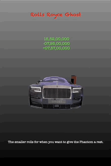 Rolls Royce Ghost
15,52,00,000 -07,95,00,000 =07,57,00,000
The smaller rolls for when you want to give the Phantom a rest.