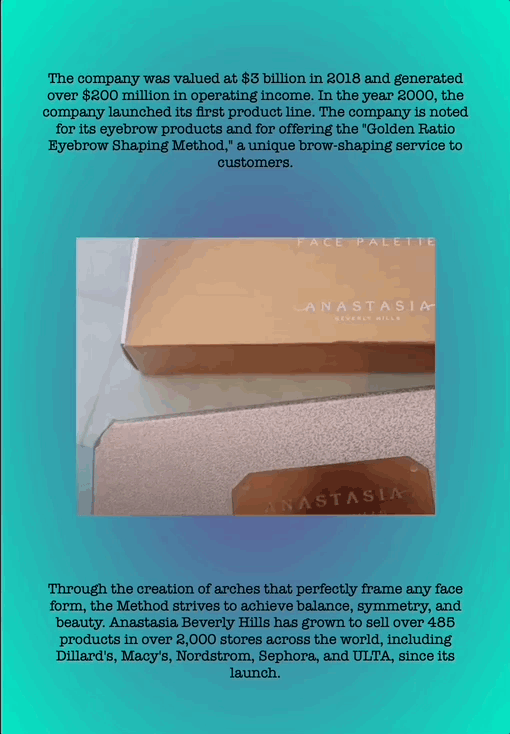 The company was valued at $3 billion in 2018 and generated over $200 million in operating income. In the year 2000, the company launched its first product line. The company is noted for its eyebrow products and for offering the "Golden Ratio Eyebrow Shaping Method," a unique brow-shaping service to customers.
Through the creation of arches that perfectly frame any face form, the Method strives to achieve balance, symmetry, and beauty. Anastasia Beverly Hills has grown to sell over 485 products in over 2,000 stores across the world, including Dillard's, Macy's, Nordstrom, Sephora, and ULTA, since its launch.