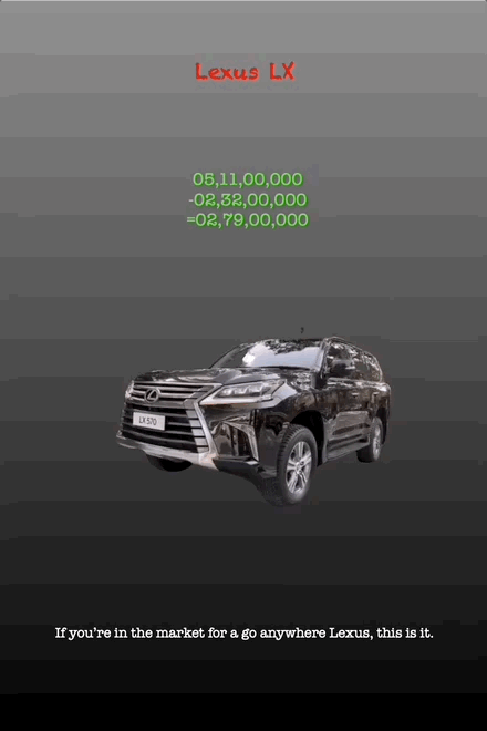 Lexus LX
05,11,00,000 -02,32,00,000 =02,79,00,000
If you’re in the market for a go anywhere Lexus, this is it.