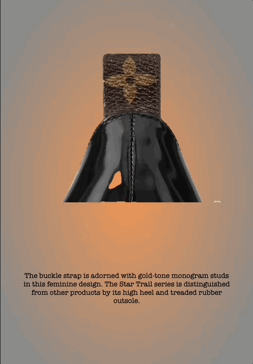 The buckle strap is adorned with gold-tone monogram studs in this feminine design. The Star Trail series is distinguished from other products by its high heel and treaded rubber outsole.
