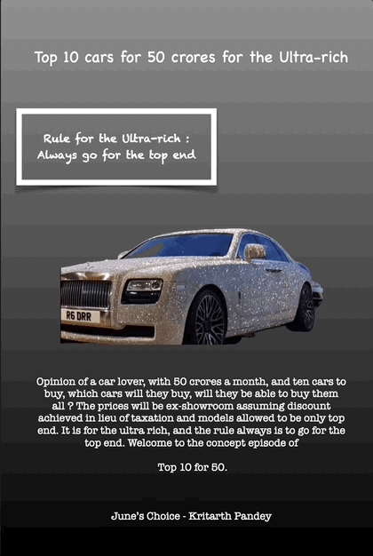 Top 10 cars for 50 crores for the Ultra-rich
Rule for the Ultra-rich :
Always go for the top end
Opinion of a car lover, with 50 crores a month, and ten cars to
buy, which cars will they buy, will they be able to buy them
all ? The prices will be ex-showroom assuming discount
achieved in lieu of taxation and models allowed to be only top
end. It is for the ultra rich, and the rule always is to go for the
top end. Welcome to the concept episode of
Top 10 for 50.
June’s Choice -