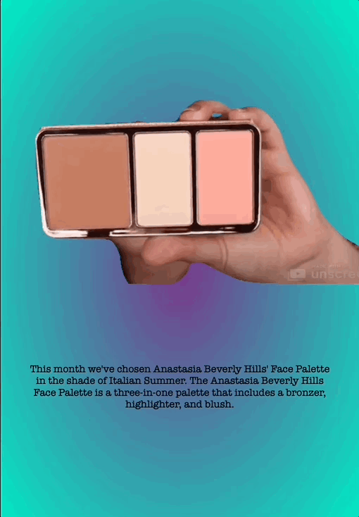This month we've chosen Anastasia Beverly Hills' Face Palette in the shade of Italian Summer. The Anastasia Beverly Hills Face Palette is a three-in-one palette that includes a bronzer, highlighter, and blush.
