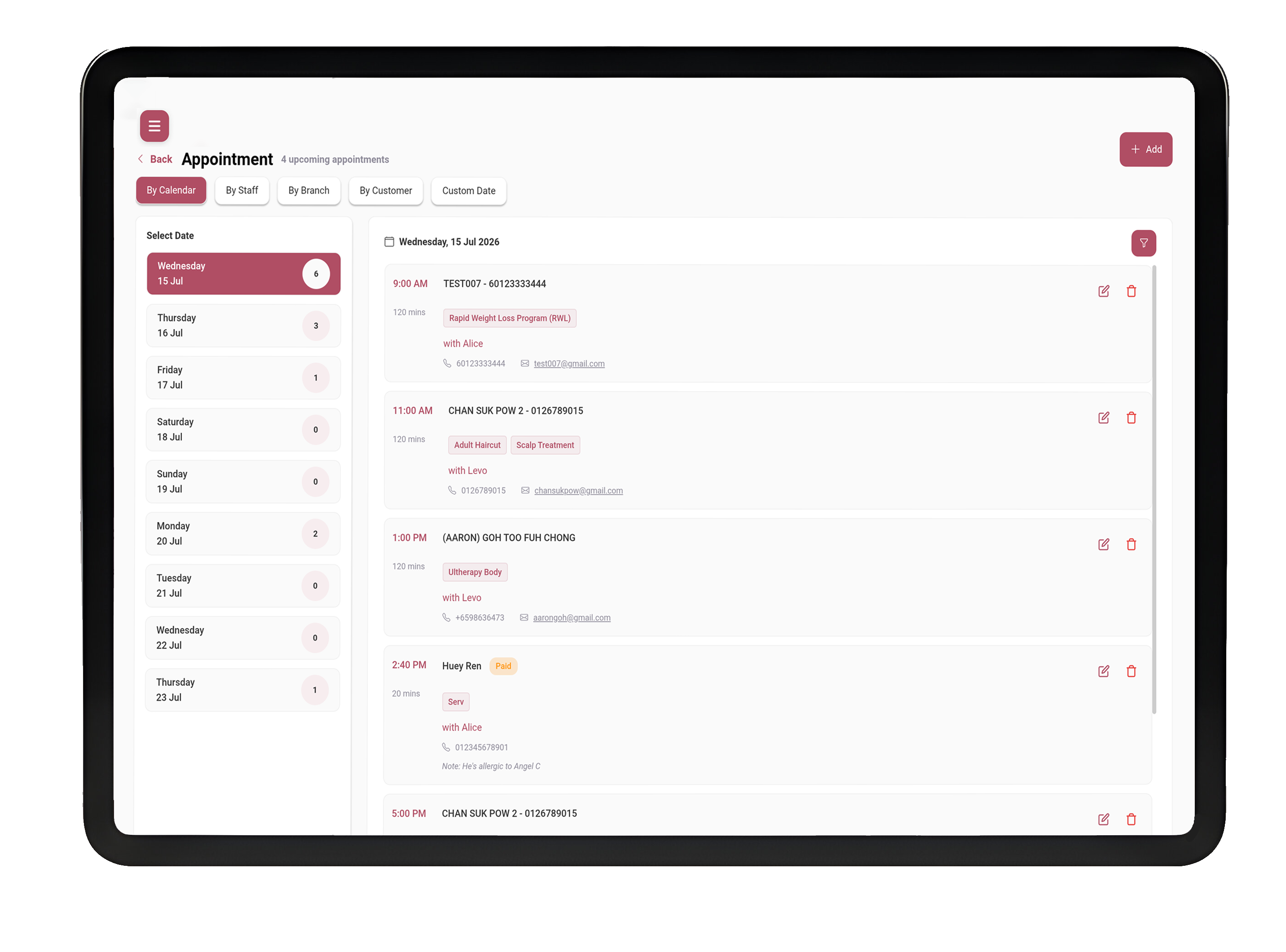 SENANG POS appointment schedule on tablet