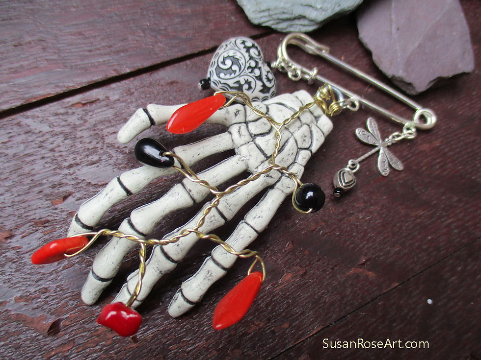 Thumbnail: Goth Beads and Skeleton Hand Brooch Pin