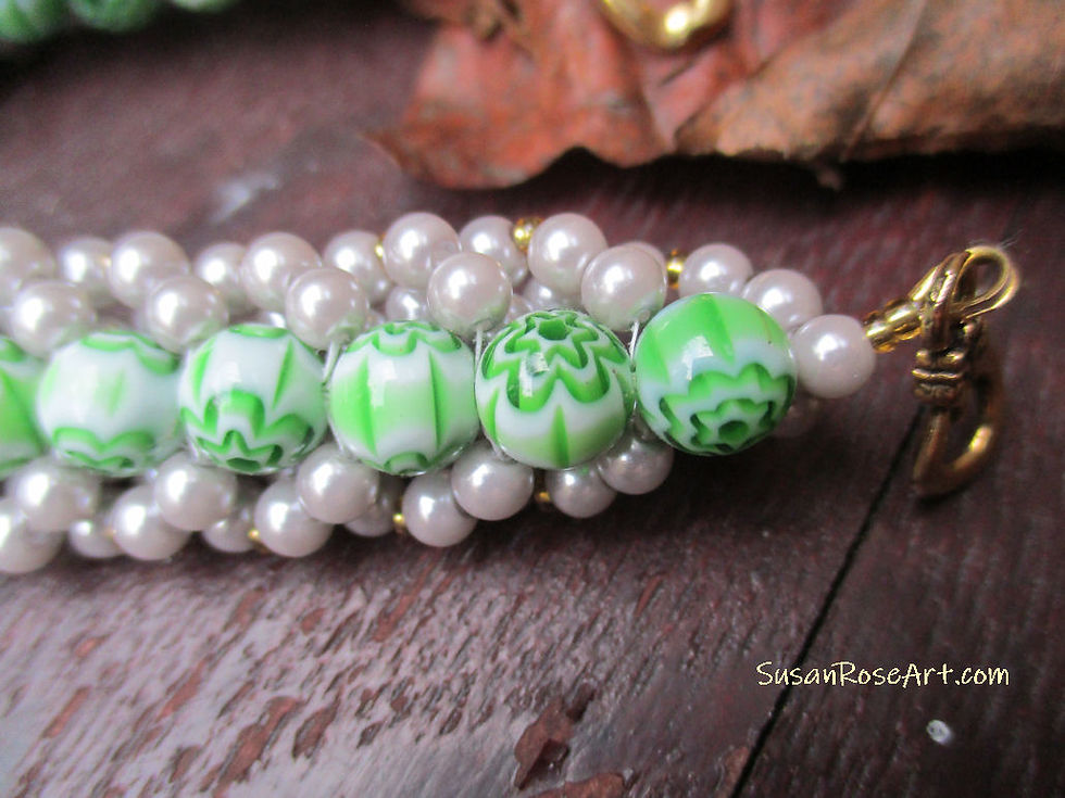Thumbnail: Green Glass and Silver Grey Woven Beads Bracelet