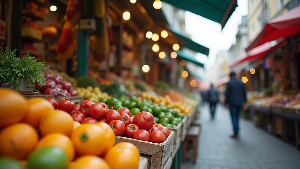 Eye-level view of a colourful street market with fresh local produce