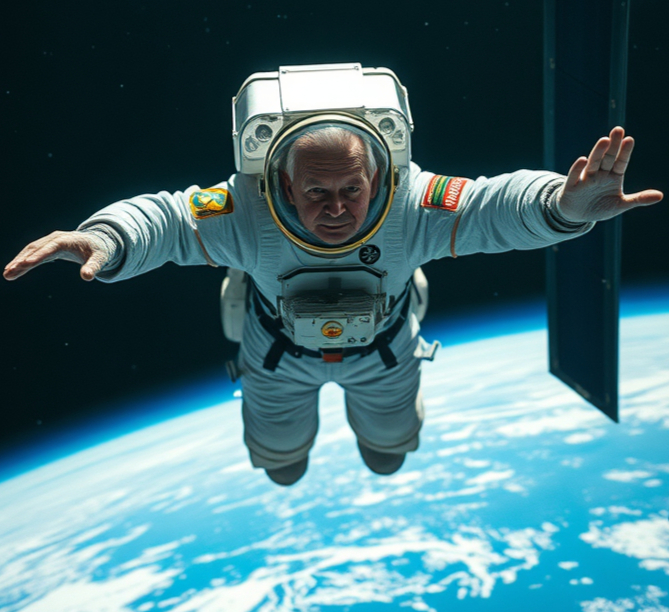 An older adult floating in space without a suit — the Earth version of the same problem