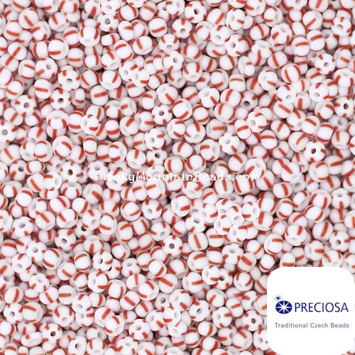 6-03890 • White with Red Stripes • 6/0 Czech Seed Beads | SmokyMountainBeads.com