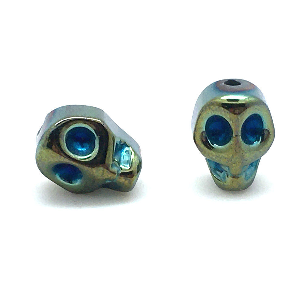 Hematite Green Electroplated Skull Beads • 10x8mm (2) • 196100HMT-E1008-GRBL | smokymountainbeads.com