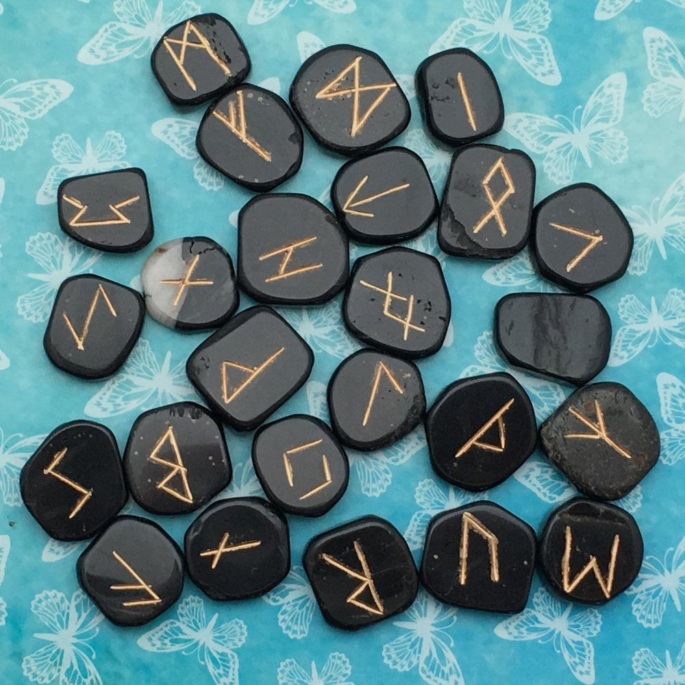 Black Obsidian Rune Set • Gift Boxed with Chart & Bag