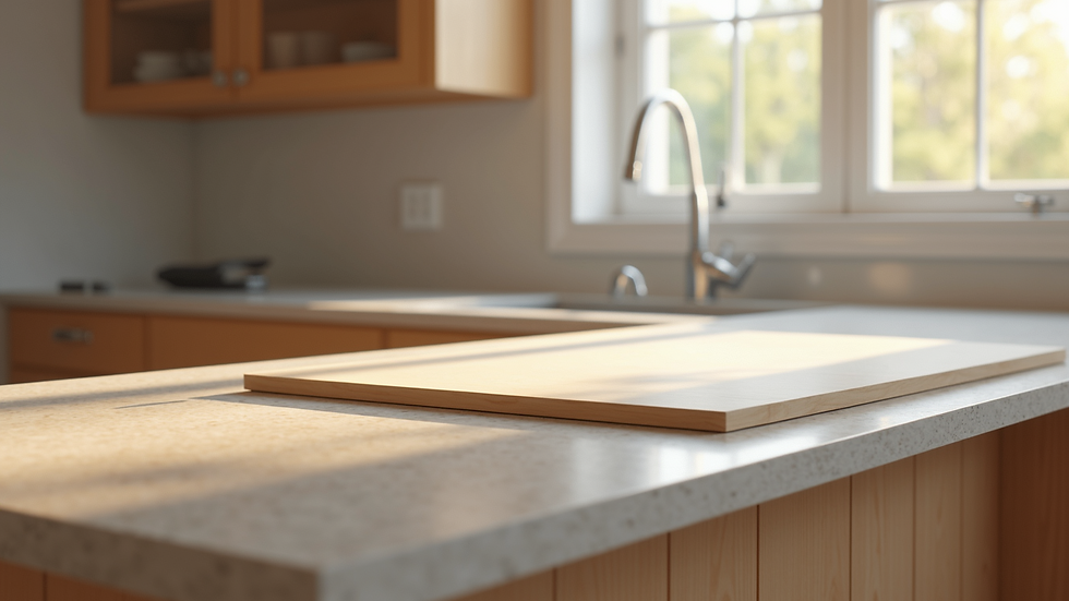 Eye-level view of countertop pieces being dry-fitted on kitchen cabinets