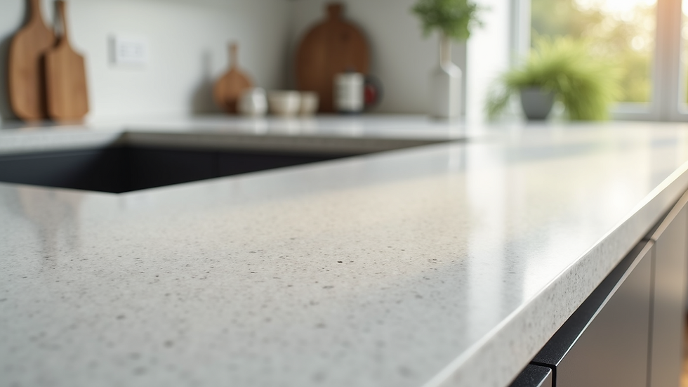 Close-up view of a newly installed quartz kitchen countertop with a polished finish