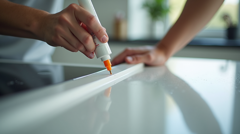 Close-up view of silicone adhesive being applied to countertop edge