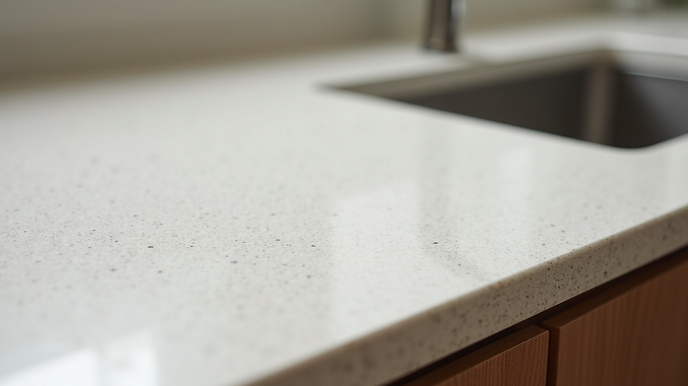 Close-up view of quartz countertop sample next to wooden cabinet door