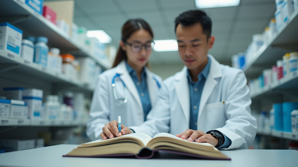 Eye-level view of a pharmacy student reading a pharmacology textbook