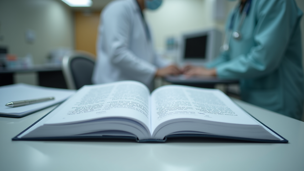 Eye-level view of a medical textbook open on a desk with pediatric notes