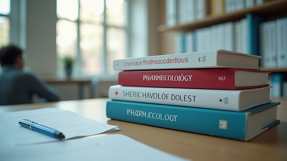 Close-up view of pharmacology textbooks stacked on a study desk