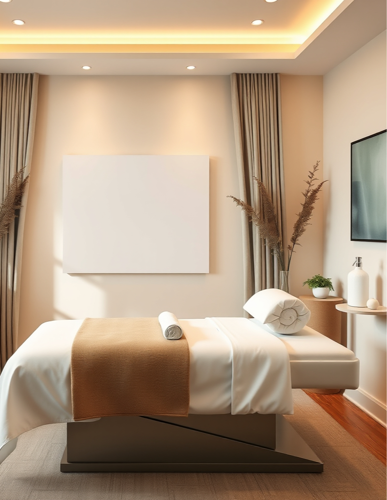 Wide horizontal editorial photograph of an elegant private medical-spa laser treatment roo