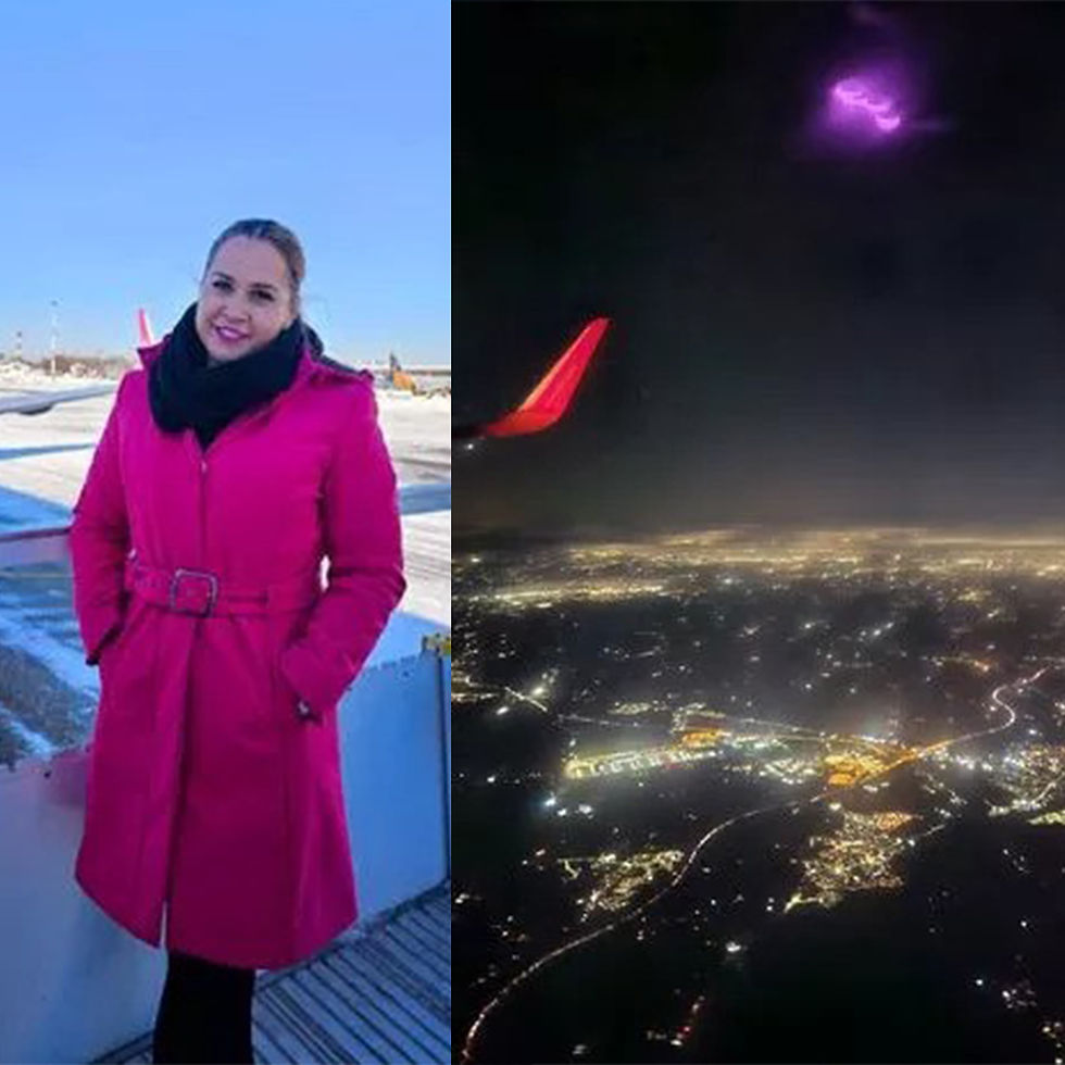 Flight attendant Denisa Tanase in a pink jacket and black scarf standing at airport (left) and her photo of the pink UFO (right)