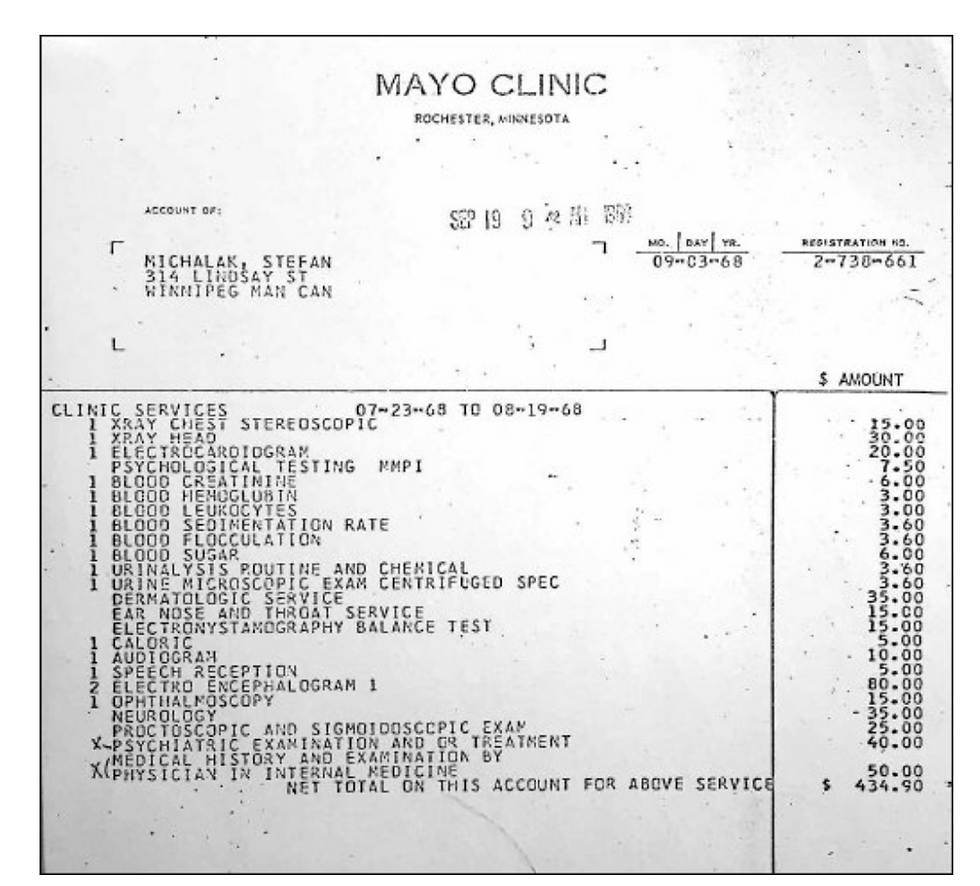 Stefan Michalak's medical bill from Mayo Clinic