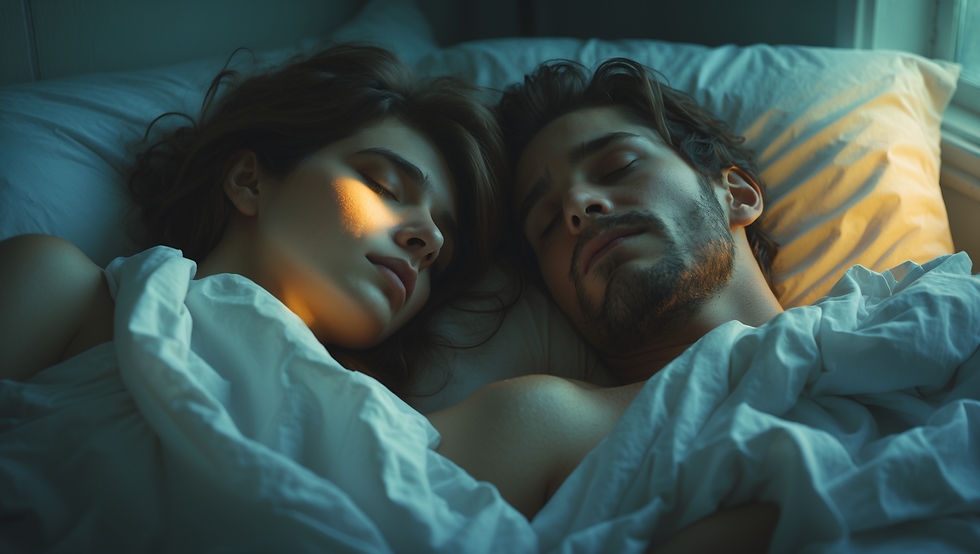 Rendition of couple sleeping in bed before the wife realizes that the person next to her is not her husband
