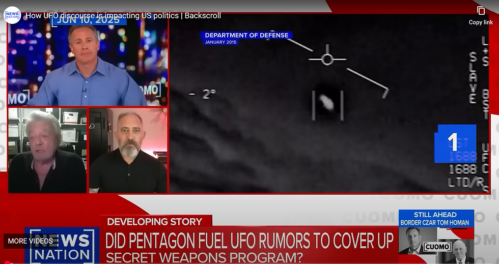 Chris Cuomo (top), George Knapp (left) and Jeremy Corbell (right) on News Nation