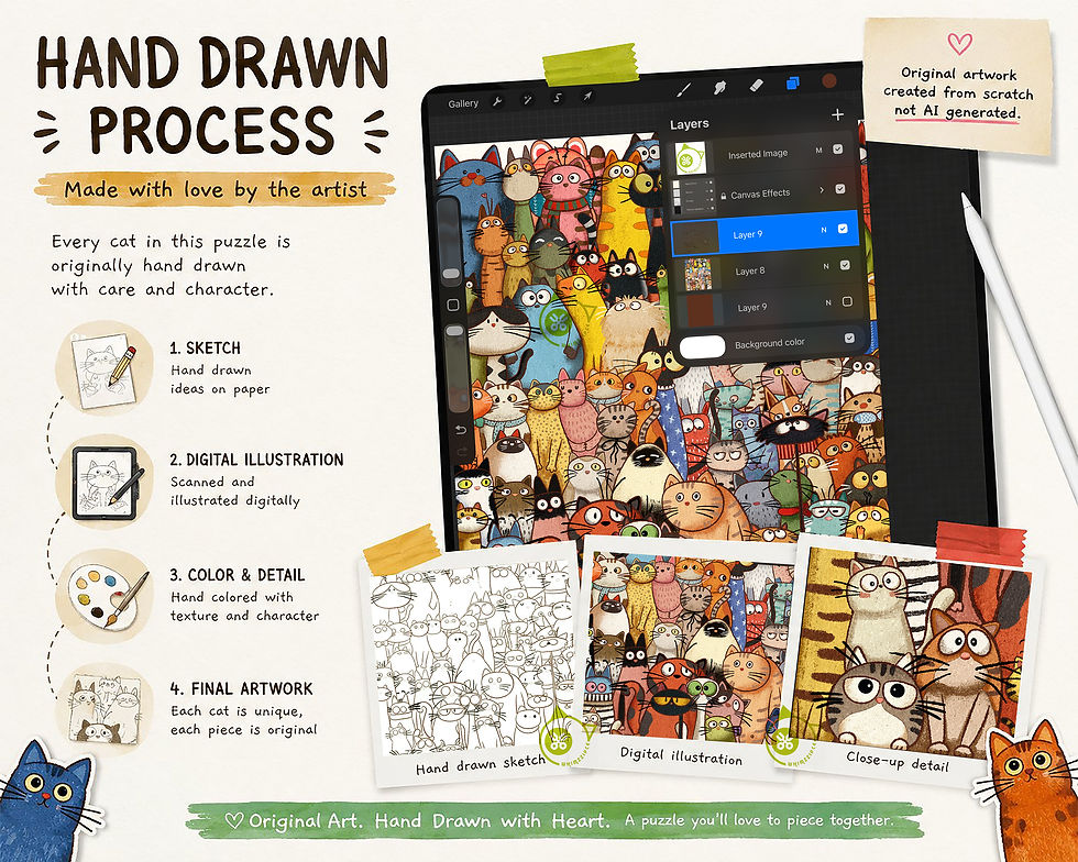 Thumbnail: Whimsical Cats 520-Piece Jigsaw Puzzle, Hand-Drawn Artwork