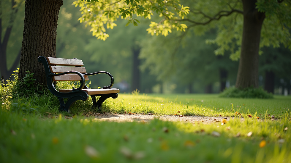 Eye-level view of a serene outdoor space with a bench