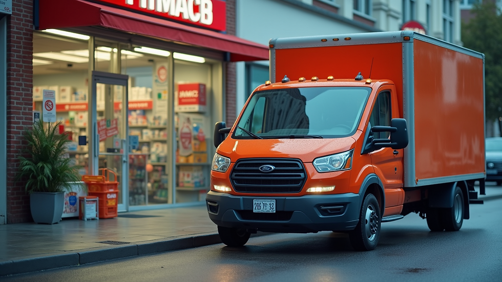 Close-up view of a delivery truck parked outside a pharmacy