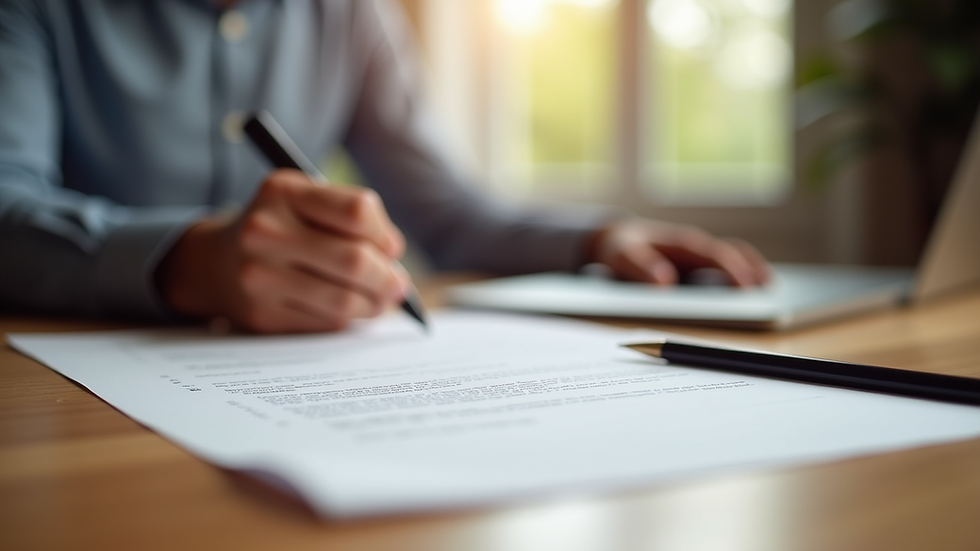 Vue en plongée d’un contrat de financement signé sur une table en bois