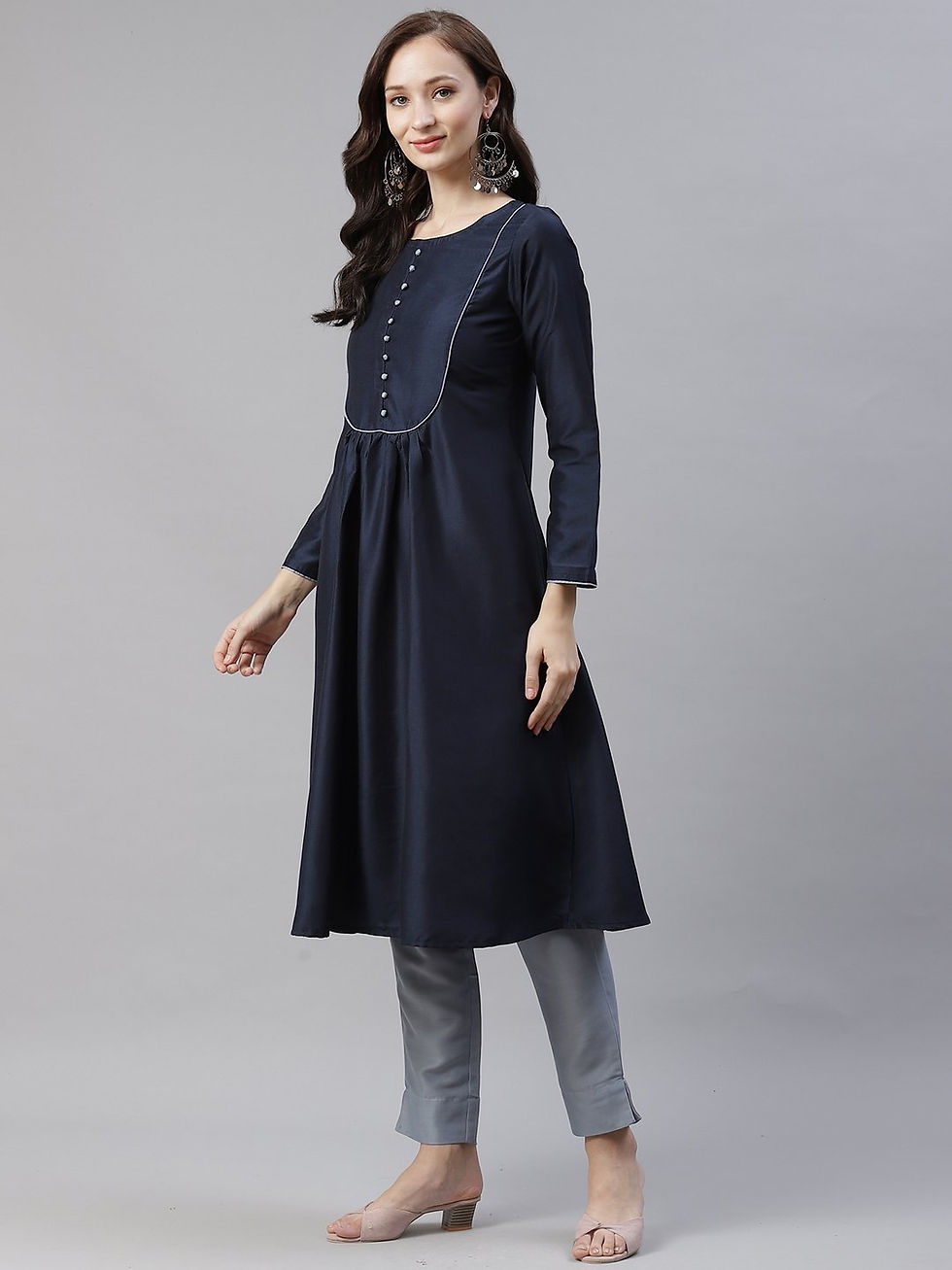 Thumbnail: Ziyaa Women's Navy Blue Color Dyed A-Line Kurta,Pant And Dupatta Set