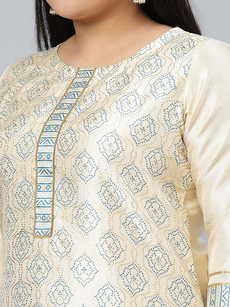 Thumbnail: Cream Poly Silk Foil Printed Straight Kurta With Pant S