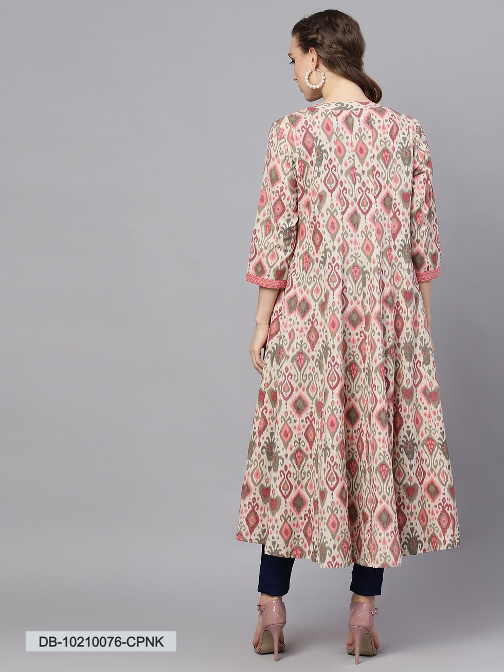 Thumbnail: CREAM & PINK IKAT PRINTED LONG JACKET
