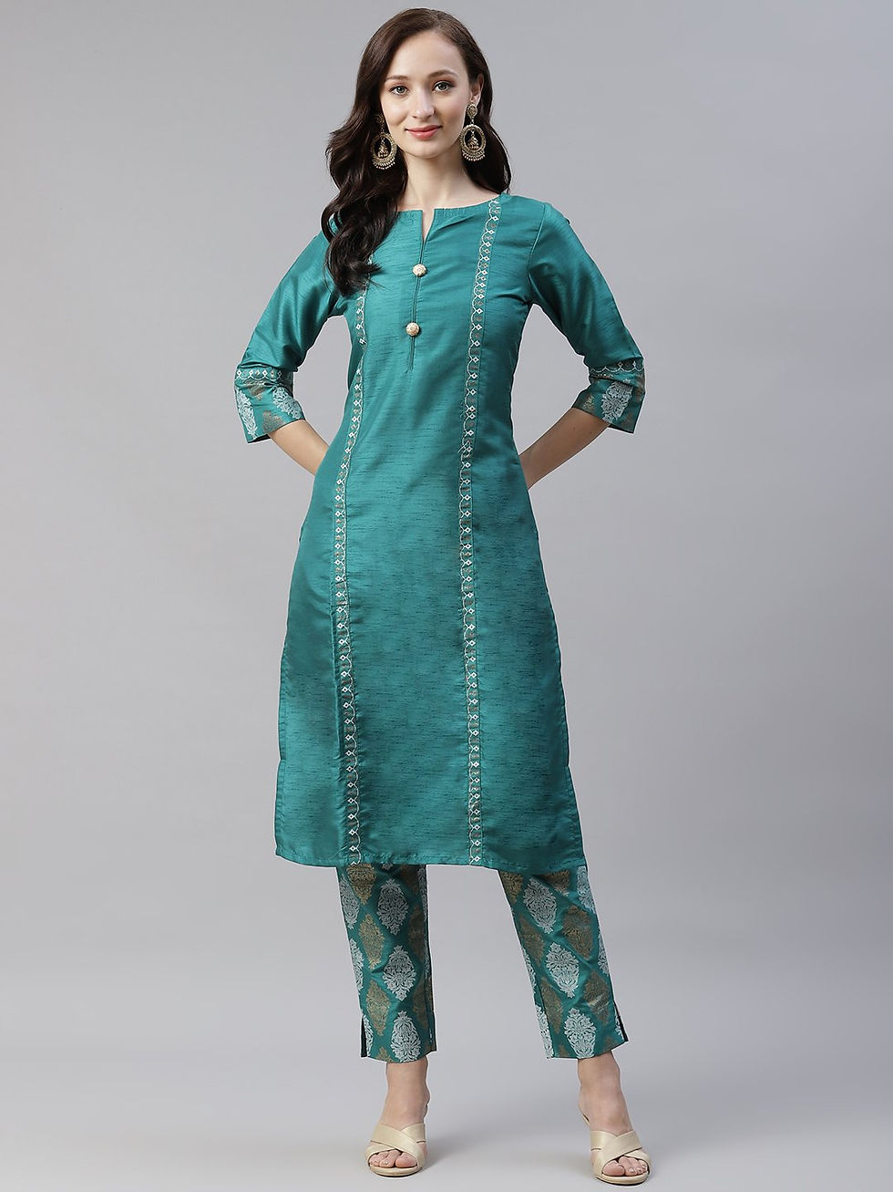 Thumbnail: Ziyaa Women's Green Color Dyed Straight Kurta,Pant And Dupatta Set