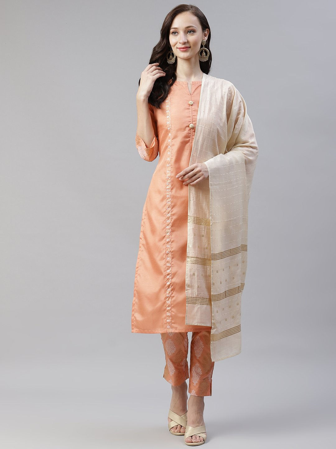 Ziyaa Women's Peach Color Dyed Straight Kurta,Pant And Dupatta Set