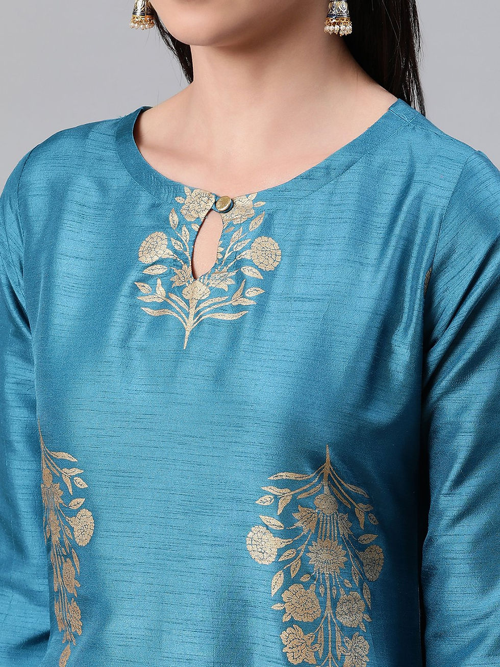 Thumbnail: Blue Color Foil Print Flared Kurta,Pant And Dupatta Set