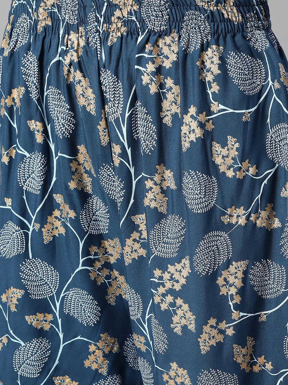 Thumbnail: Teal Color Foil Print Straight Kurta And Palazzo Set
