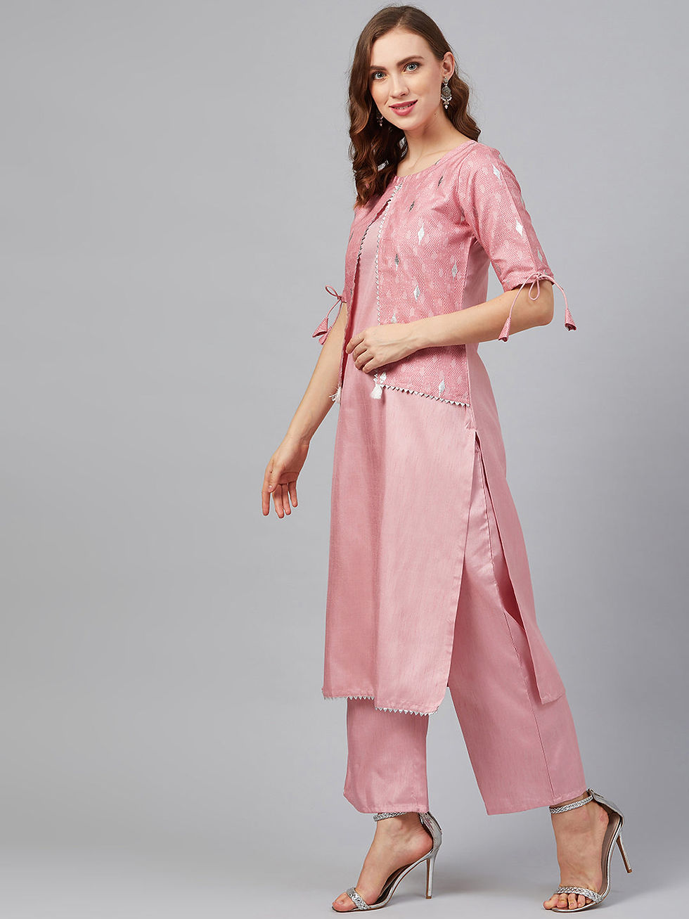 Thumbnail: Pink Poly Silk Khadi Straight Kurta With Palazoo set