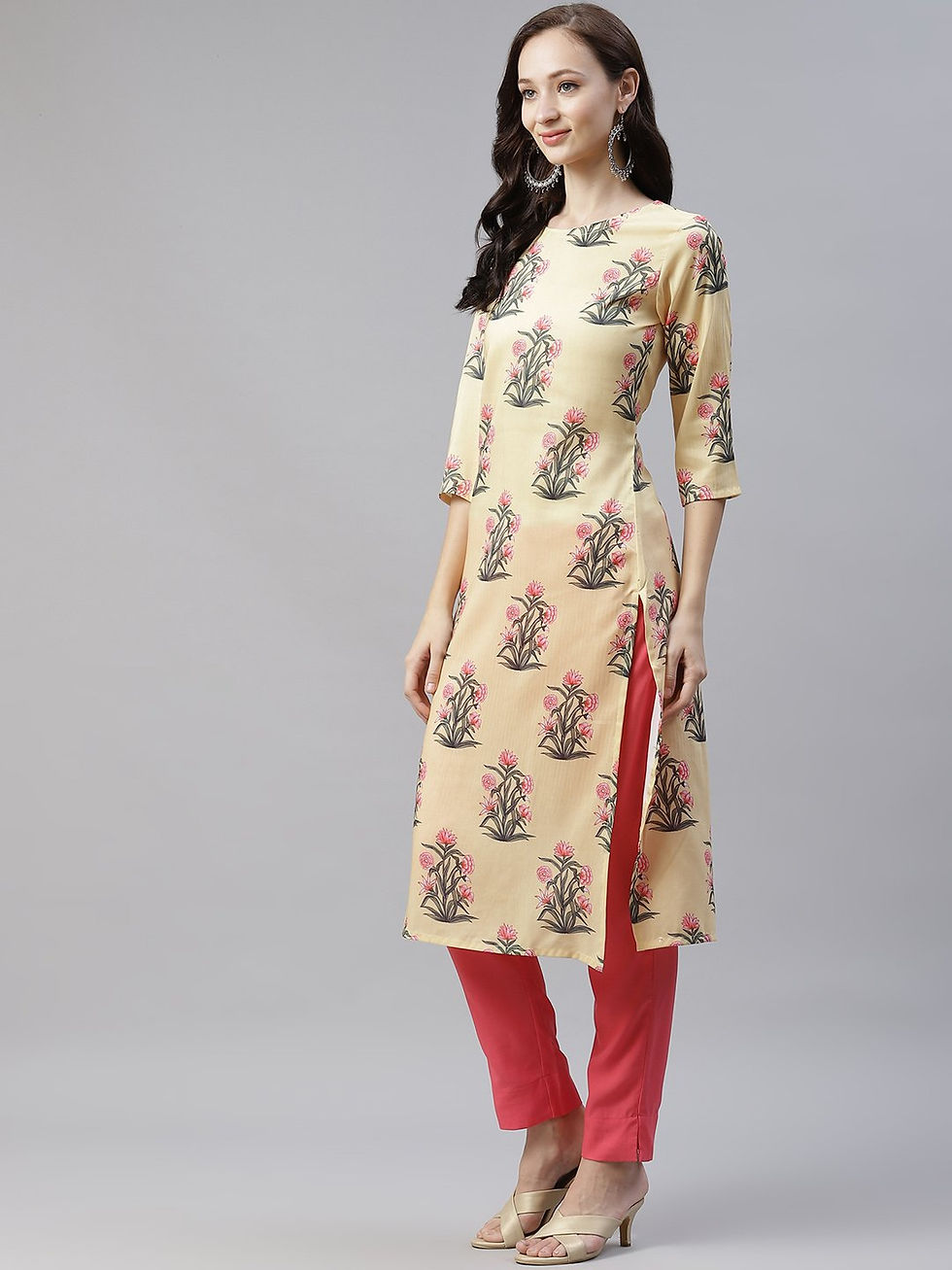 Thumbnail: Ziyaa Women's Yellow Color Digital Printed Straight Kurta,Pant And Dupatta Set
