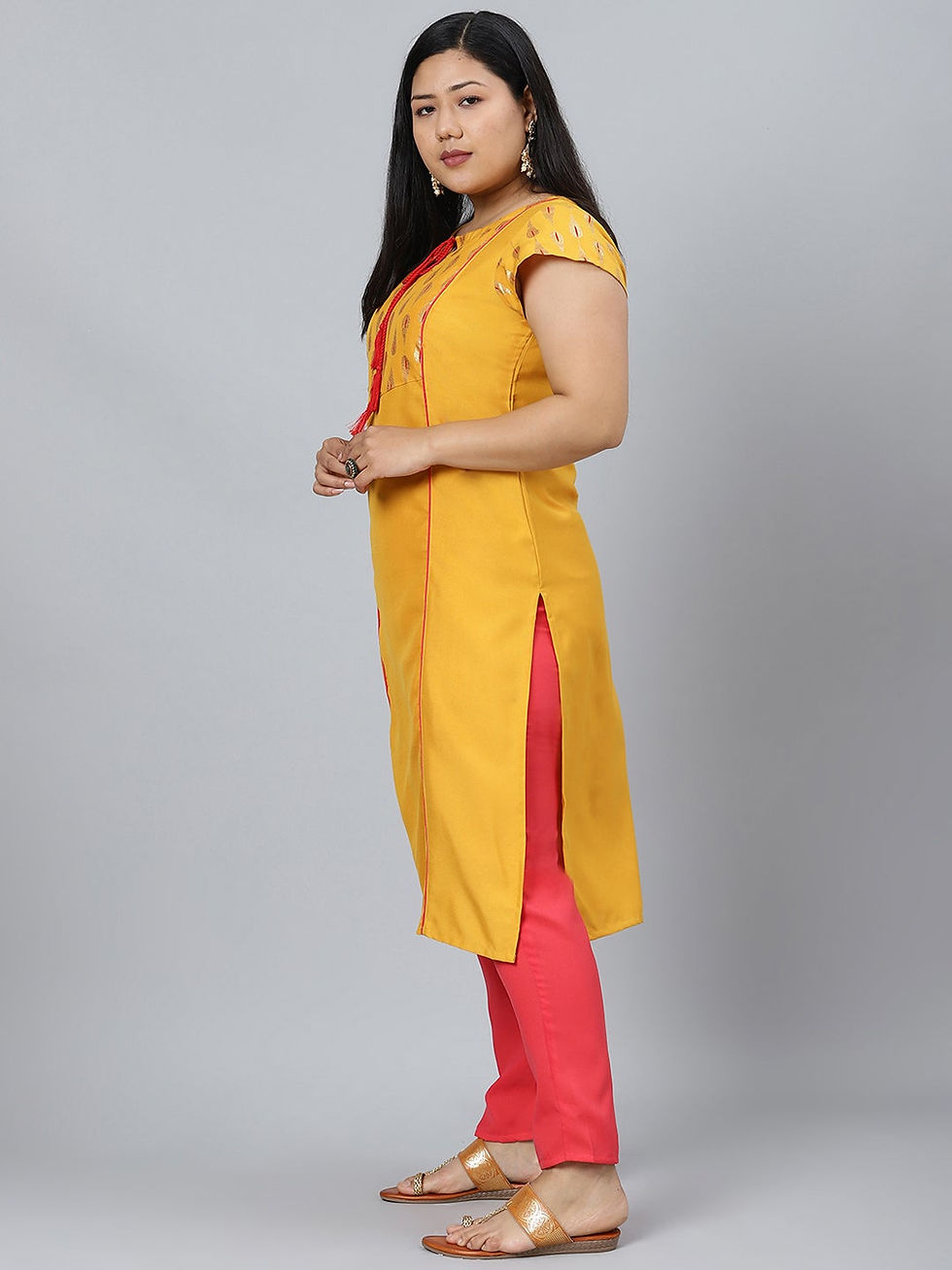 Thumbnail: CurveZI Women's Mustard Poly Rayon Foil Printed Straight Kurta With Pan