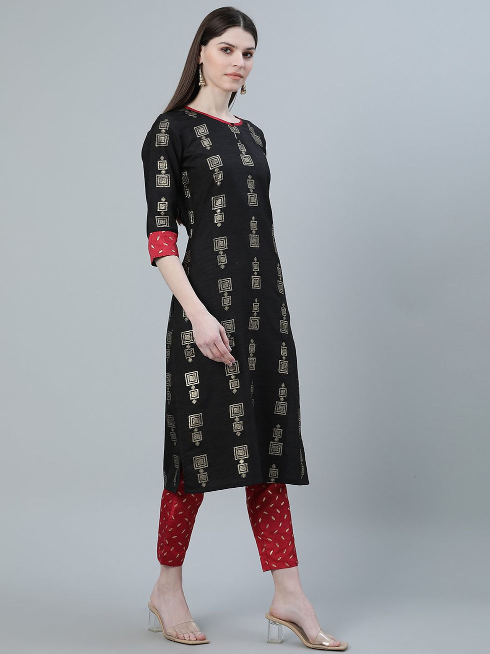 Thumbnail: Black Color Foil Print Straight Kurta Pant And Dupatta Set