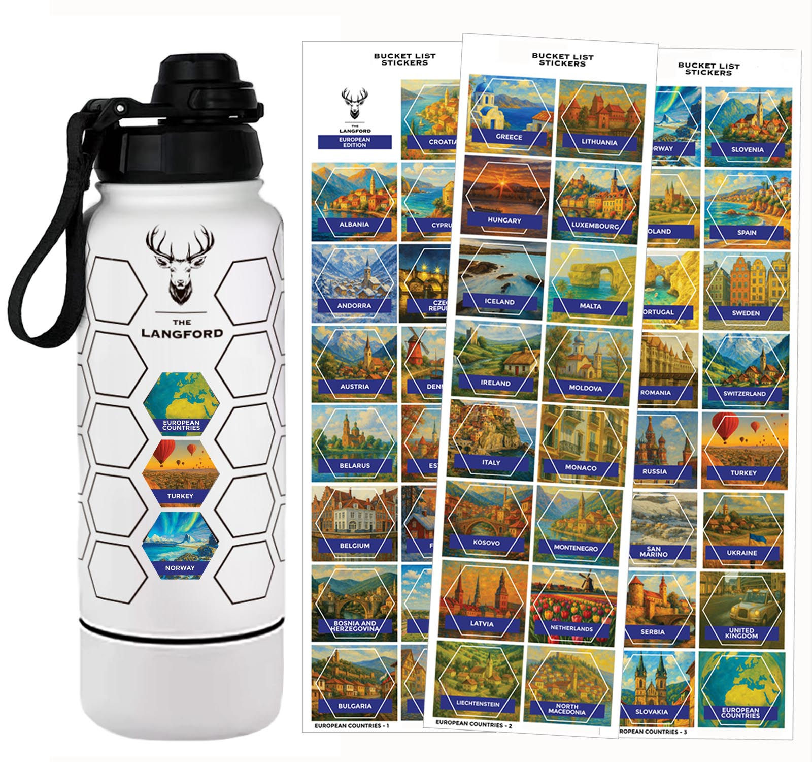 Europe Bucket List Water Bottle with European Stickers