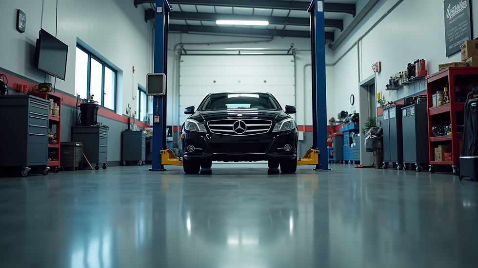 Eye-level view of a clean and organized auto repair shop with a car on the lift