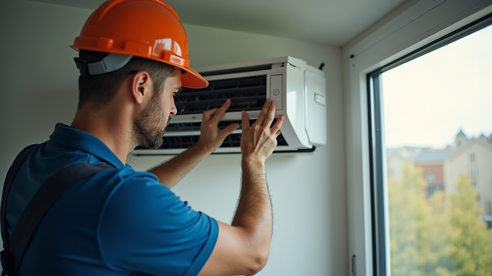 Close-up view of a technician cleaning an air conditioning filter inside a home