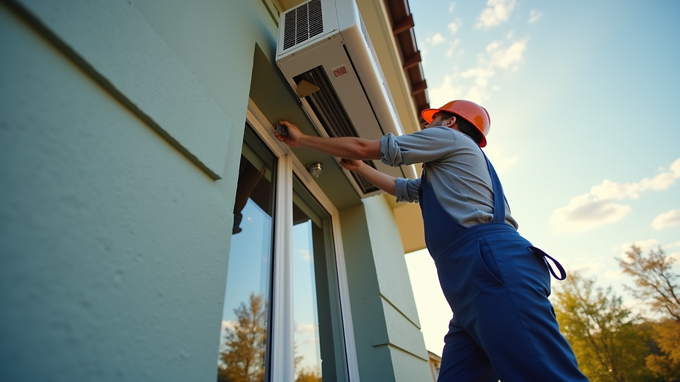 Eye-level view of a technician installing an air conditioning unit on a residential wall